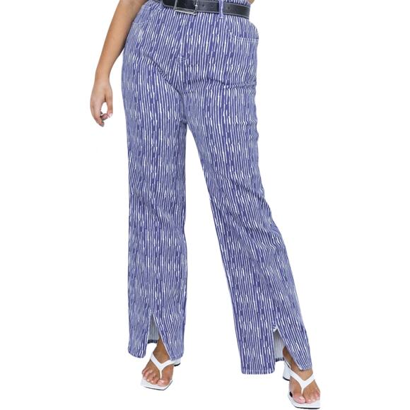 NWOT PRINCESS POLLY Jeans 10”Danica”Blue-White Geo-Stripe Flare Wide Slit-Front - Picture 1 of 10